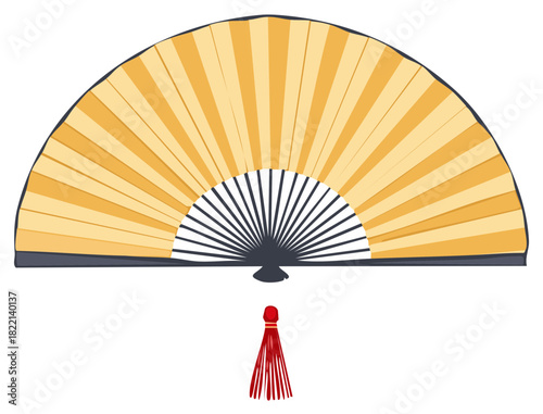 Stylized Hand Fan with Red Tassel, Asian Decoration, Decorative Accessory, Cooling Implement, Iconographic Element