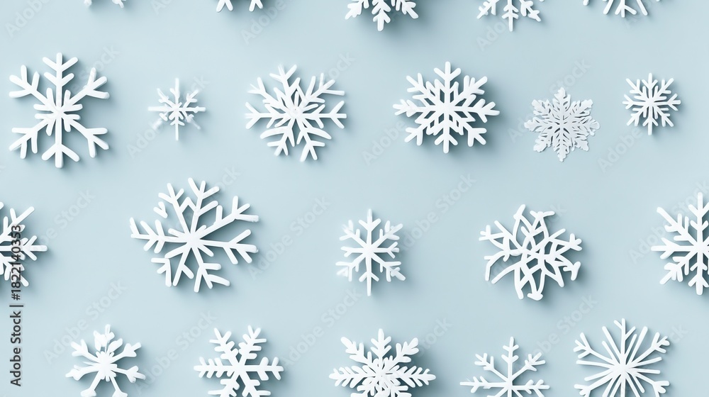 Fototapeta premium A seamless pattern features white snowflakes scattered across a light blue backdrop, creating a minimalist and elegant design perfect for winter-themed projects SEAMLESS PATTERN
