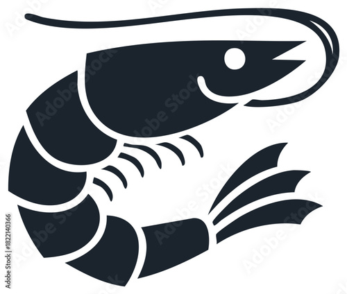 Stylized dark shrimp icon with curved body and antennae, depicting fresh seafood or marine life