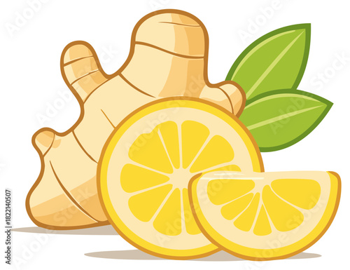 Cartoon illustration of fresh ginger root and sliced lemon with green leaves
