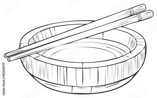 Wooden Bowl Sketch with Chopsticks Asian Cuisine Restaurant Illustration