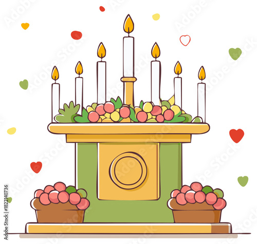 Illustrated altar with lit candles, flower arrangements, and decorative hearts.