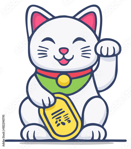 Cute Maneki Neko lucky cat waving paw and holding golden coin symbol of fortune and prosperity Japanese culture illustration