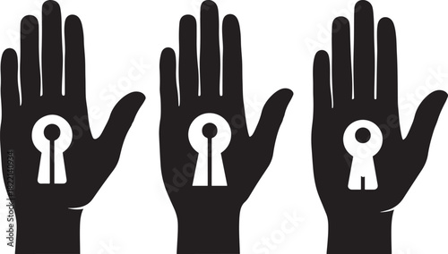 Three black hand silhouettes with white keyhole shapes inside palms