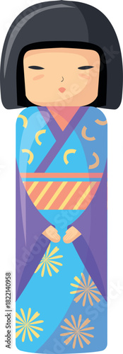 Japanese girl in kimono wooden doll cartoon icon