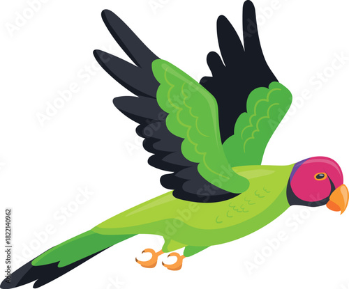 Jungle parrot flying. Green feather wings bird