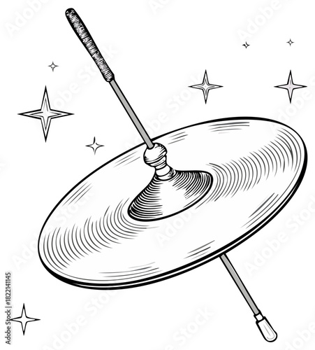 Black and White Engraving Style Illustration of a Drum Cymbal and Stick with Stars