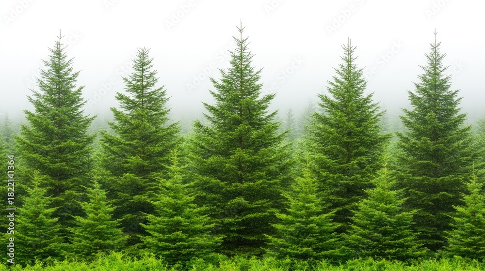 Obraz premium Explore a serene mountainous area where tall evergreen trees emerge from a blanket of mist, creating a mystical atmosphere perfect for contemplation and adventure
