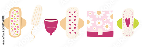 Menstrual hygiene products set with sanitary pads, pantyliner with flowers, menstrual cup, tampon, and cute storage pouch. Soft pastel colors, feminine design, clean minimal style. Perfect for women's