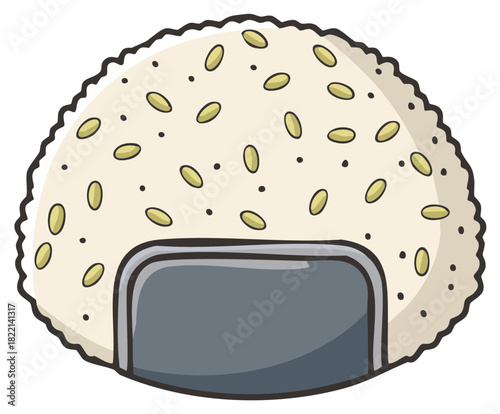 Simple onigiri illustration filled with rice and seeds and wrapped with seaweed snack