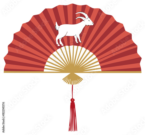 Decorative fan with goat illustration, Chinese zodiac symbol design