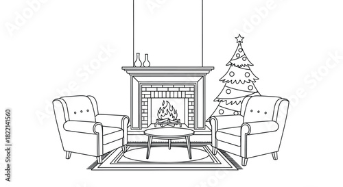 A cozy living room scene features a fireplace, two armchairs, a coffee table, and a decorated Christmas tree.