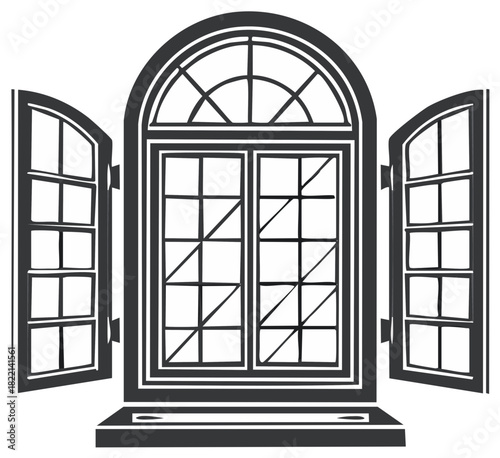 Arched Window Illustration, Open Shutters, Interior Design,  Architectural Detail, Monochrome Decor, Framed Panes,  Window Sill.