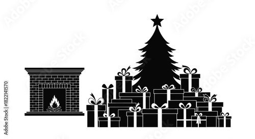 A Christmas tree overflows with gifts next to a cozy fireplace.