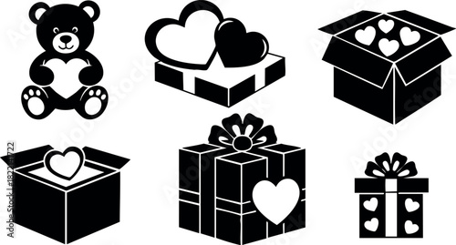Valentine gift box heart teddy bear romantic love present illustration vector