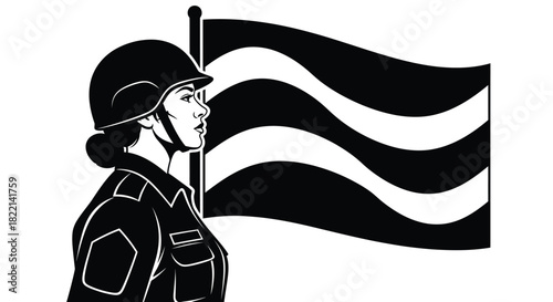 A woman in military uniform stands proudly in front of a waving flag.