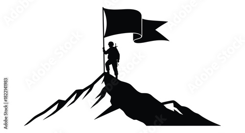 A lone figure plants a flag on a mountain peak, symbolizing achievement and success.