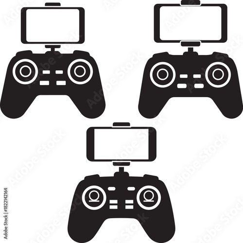 Three drone remote controllers with smartphones mounted silhouette