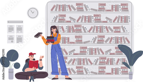 Young people in library or bookstore. Reading and studying concept