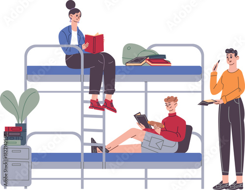 Students in dorm room. Studying young people together