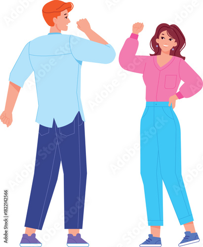 Greeting safe gesture. Young people touch elbows