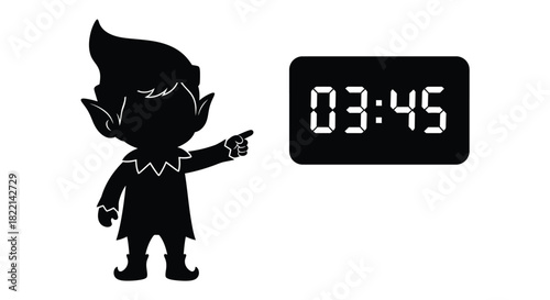 Elf points to digital clock showing 03:45