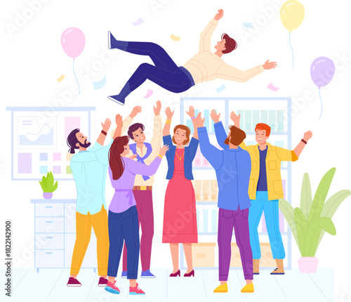 People tossing up happy man. Success congratulation