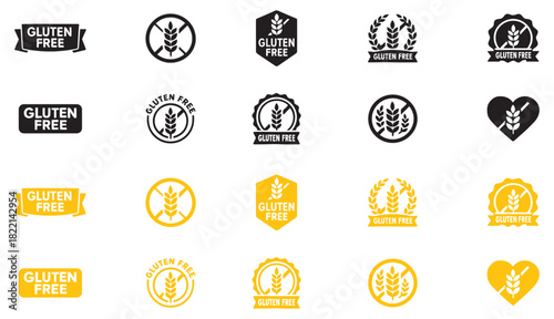 Set of Gluten free label vector icons set. No wheat symbols templates design for gluten free food package or dietetic product nutrition sign. Vector Illustration. Vector Graphic. EPS 10