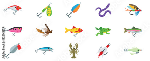 Fishing Lure and Artificial Bait Collection for Angling Sports. Vector Illustration.