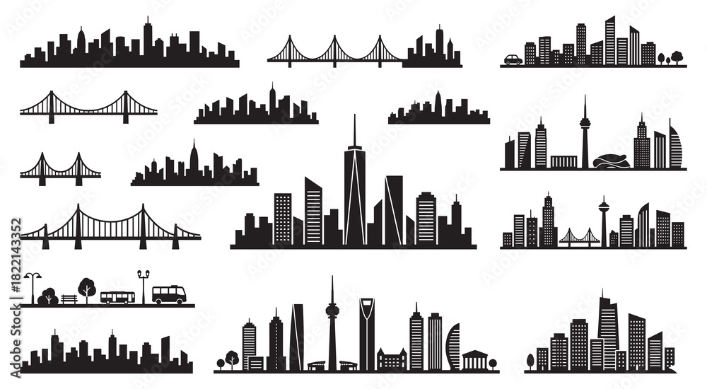 Obraz premium City silhouette vector set. Panorama city background. Skyline urban border collection. Modern city skyline Silhouette. Vector Illustration.