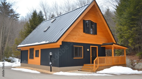 Fototapeta Naklejka Na Ścianę i Meble -  A modern small wooden house showcases striking black and orange walls, with a white lamp post at the entrance, surrounded by a serene winter landscape and snow-covered roof