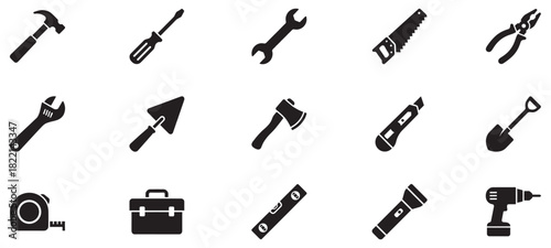 Construction tool icon collection. Instrument icons set. Carpentry work tools sign. Repair and building equipment symbol. Black silhouette. Vector illustration. EPS 10