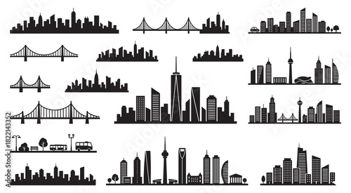 City silhouette vector set. Panorama city background. Skyline urban border collection. Modern city skyline Silhouette. Vector Illustration.