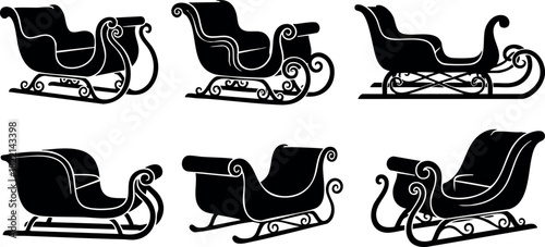 Black vintage sleigh silhouettes with curved runners and decorative scrolls set vector illustration