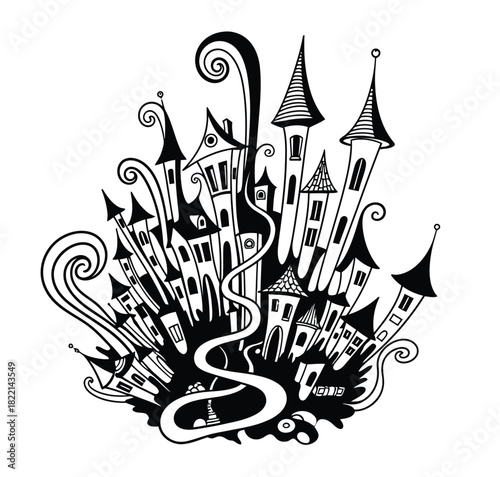 Whimsical black and white drawing of a fantastical, sprawling city with spires and swirling lines.