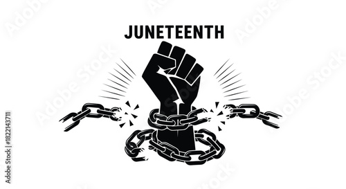 Juneteenth emblem depicts a raised fist breaking chains, symbolizing liberation and freedom.