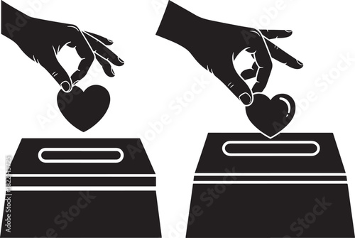 Hands dropping hearts into donation boxes silhouette