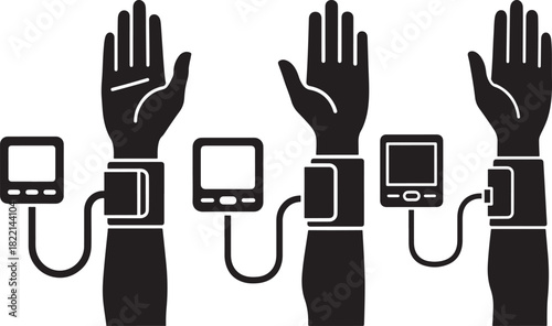 Three black silhouette arms connected to blood pressure monitors and devices