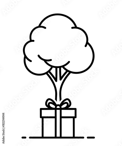 A stylized tree sprouts from a gift box tied with a ribbon, symbolizing growth and giving.