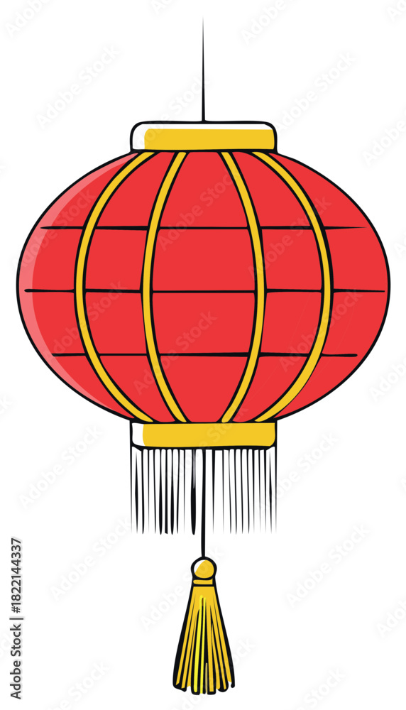 Obraz premium Vibrant red oriental paper lantern illustration featuring golden decorations and hanging tassel