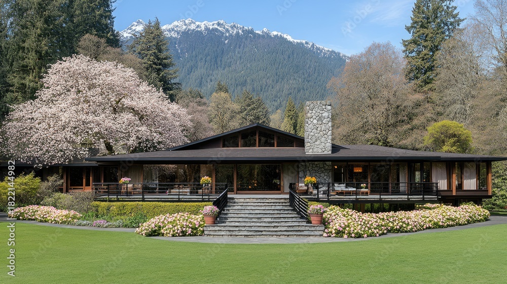 Naklejka premium A contemporary home features a stone terrace adorned with flower pots, large black-framed windows, and garden views under a clear blue sky, creating a serene outdoor space