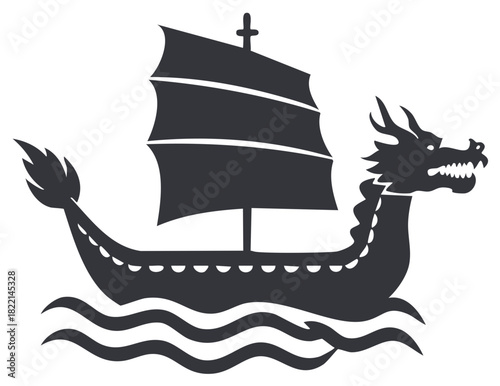 Stylized traditional dragon boat with sail, ornate dragon head and tail, sailing on waves