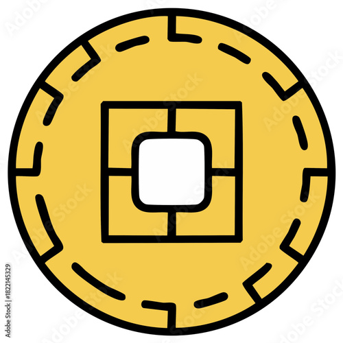 Ancient Chinese Coin with Square Hole - Fortune and Prosperity Icon Illustration