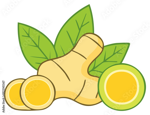 Illustration of ginger root with slices and green leaves, featuring vibrant yellow and green colors.