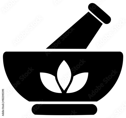 Minimalist black mortar and pestle icon with leaf symbol for herbal medicine, wellness, and natural remedies
