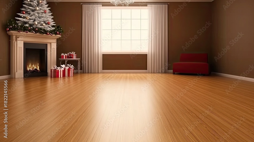 Fototapeta premium A beautifully decorated room features a Christmas tree adorned with white lights, gifts on the floor, and a glowing fireplace surrounded by wooden walls creating a festive atmosphere