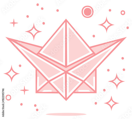 Magical pink origami crown with sparkling stars in a minimalist geometric style