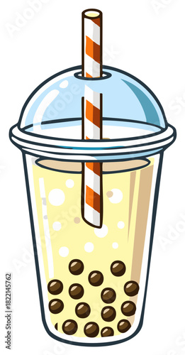 Cartoon bubble tea illustration with tapioca pearls and a striped straw in a plastic cup