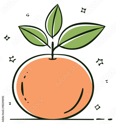 Stylized orange with green leaves, fresh vibrant fruit growing, healthy food concept
