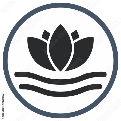 Stylized Water Lily Flower Icon with Waves in a Circle Outline